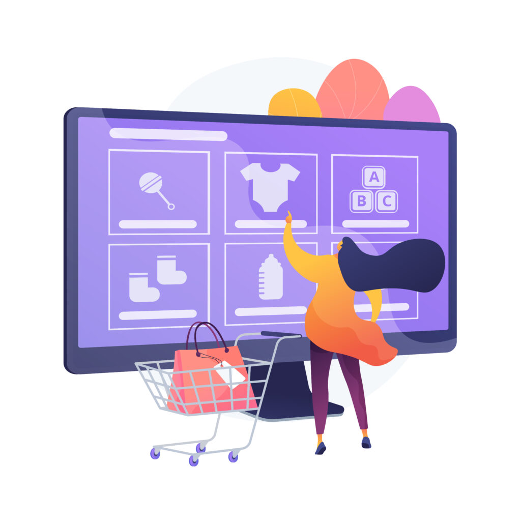 web site seoOrdering goods online. Internet store, online shopping, niche e commerce website. Mother buying babies clothes, footwear and toys, infant accessories.